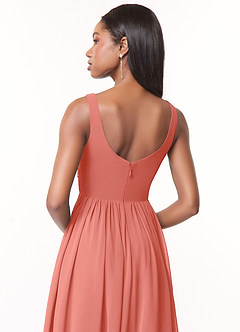 Azazie Keyla Bridesmaid Dresses Salmon Pink A-Line V-Neck Pleated Chiffon Dress image4