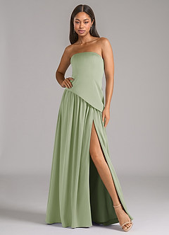 Azazie Adeline Robes de demoiselle d'honneur Robe Trapèze Convertible en Satin extensible Sans bretelle Vert Sauge image1