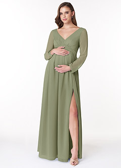 Azazie Teton Zwangerschaps Bruidsmeisjekleding A-Lijn Lange mouw Chiffon Vloerlengte Jurk image1