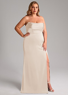 Azazie Saige Vestidos de damas de honor Vestido de Alabastro Blanco de Satén Elástico de Corte Recto con Vestidos sin tirantes image17