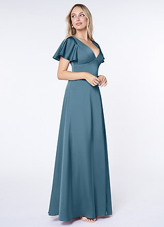 Azazie Lani Brautjungfernkleider A-Linie Volantärmel Stretch-Satin Kleid Bermudablau image4