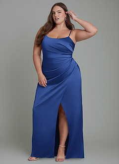 Azazie Calandra Bridesmaid Dresses Royal Blue Sheath Pleated Stretch Satin Dress image10
