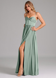 Azazie Akiko At-home Try On Dresses Agave A-Line Sweetheart Neckline Stretch Satin Dress image6