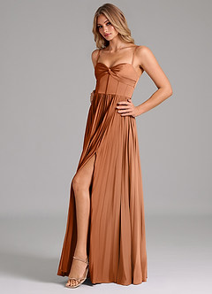 Azazie Akiko Robes de demoiselle d'honneur Robe Trapèze en Satin extensible Encolure en Forme de Cœur Cuivre image6