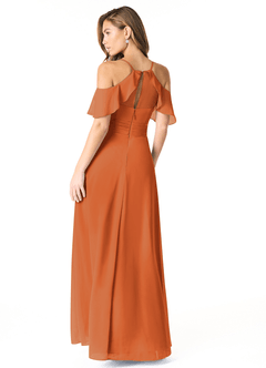 Azazie Dakota Bridesmaid Dresses Cinnamon A-Line V-Neck Pleated Chiffon Dress image3