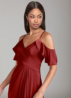 Azazie Dakota Bridesmaid Dresses Pomegranate A-Line Off the Shoulder Stretch Satin Dress image5