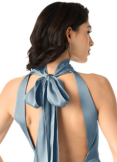 Azazie x Delaney Bridesmaid Dresses Dusty Blue Sheath High Neck Stretch Satin Dress image5