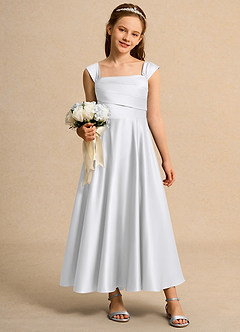 Azazie Bundle Junior Formal vestidos de niña de las flores Vestido de Blanco de Satin Mate de Corte En A con Plisado image3