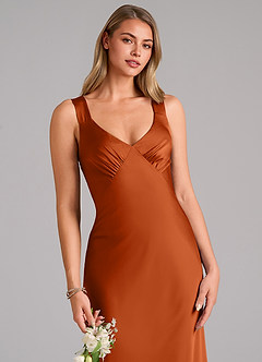Azazie Kamila Bridesmaid Dresses Burnt Orange A-Line Pleated Stretch Satin Dress image7