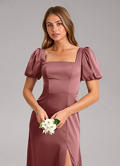 Azazie Fyona Bridesmaid Dresses Amethyst A-Line Pleated Stretch Satin Dress image6