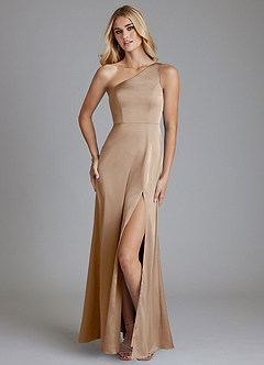 Azazie Phaedra Bridesmaid Dresses Taupe A-Line One Shoulder Stretch Satin Dress image1