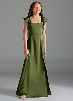 Azazie Bondi Junior Olive A-Line Side Slit Stretch Satin Dress image3