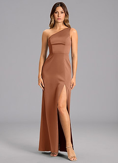 Azazie Phaedra Bridesmaid Dresses Bronzer A-Line One Shoulder Stretch Satin Dress image1