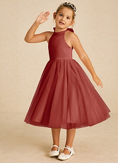 Azazie Dora Flower Girl Dresses Terracotta A-Line Bow Tulle Dress image2