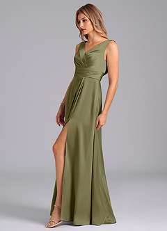 Azazie Karina Bridesmaid Dresses Pistachio A-Line Pleated Stretch Satin Dress image3