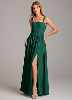 Azazie Rosaline Bridesmaid Dresses Emerald A-Line Side Slit Chiffon Dress image3