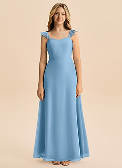 Azazie Mavie Junior Abito A-Line in Chiffon Increspato Blu Acciaio image4