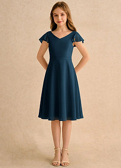 Azazie Narin Girls Formal vestidos de niña de las flores Vestido Azul Marino Oscuro de Gasa de Línea A con con mangas image5