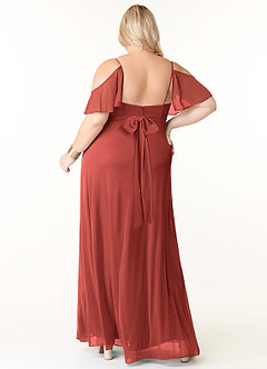 Azazie Fiena Final Sale Terracotta A-Line V-neck Ruched Mesh Dress image8