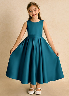 Azazie Junebuj Flower Girl Dresses Ink Blue Ball-Gown Pleated Matte Satin Dress image4