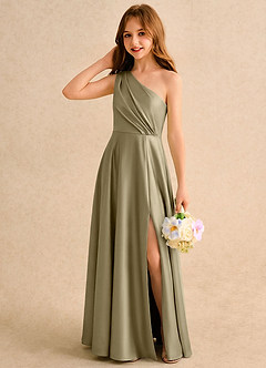 Azazie Puddles Girls Formal Flower Girl Dresses Moss Green A-Line One Shoulder Stretch Satin Dress image3