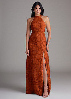 Azazie Clarice Abiti da Damigella Abito A-Line in Burnout Floreale Spacco Laterale Paprika image4