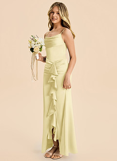 Azazie Rosalia Junior Lemon Sorbet Sheath Pleated Stretch Satin Dress image3