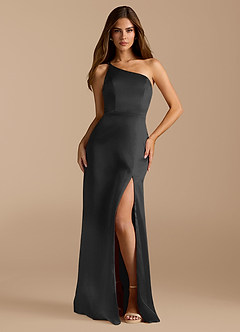 Azazie Trina Vestidos de damas de honor Vestido de Negro de Satén Metálico de Corte en A con Hombro unilateral image3