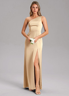 Azazie Feby Jurken voor bruidsmeisjes Jurk van Stretch Satijn met A-Lijn One-Shoulder Champagne image3