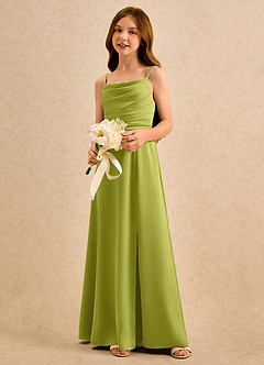 Azazie Chamomile Girls Formal Flower Girl Dresses Lemongrass A-Line Pleated Stretch Satin Dress image3