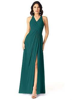 Azazie Danica Robes de demoiselle d'honneur Robe Trapèze en Mousseline de soie Plissée Paon image1