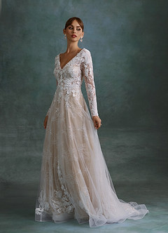 Azazie Leila Wedding Dresses Diamond White Nude A-Line V-Neck Sequins Tulle Dress image4