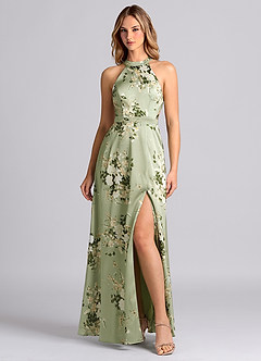 Azazie Clarice Bridesmaid Dresses Floral Vines A-Line High Neck Stretch Satin Dress image6