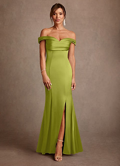Azazie Boone Mother of the Bride Dresses Lemongrass Mermaid Off the Shoulder Stretch Satin Dress image2