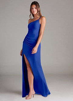 Azazie Eren Vestidos de damas de honor Vestido de Azul Real de Gasa de Corte Recto con Hombro unilateral image5