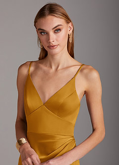 Azazie Shania Bridesmaid Dresses Butterscotch Sheath V-Neck Pleated Stretch Satin Dress image5