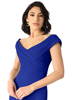 Azazie Evita Bridesmaid Dresses Royal Blue A-Line Off the Shoulder Stretch Crepe Dress image4