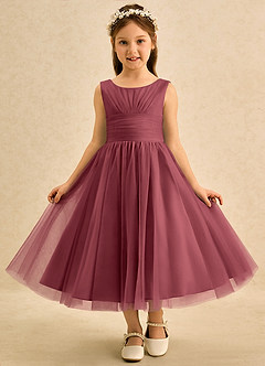 Azazie Macaron Flower Girl Dresses Merlot A-Line Pleated Tulle Dress image3