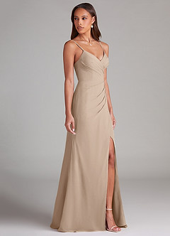 Azazie Maci Robes de demoiselle d'honneur Robe Fourreau en Mousseline de soie Plissée Taupe image4