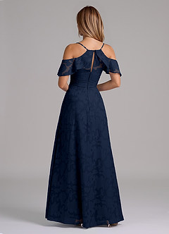 Azazie Dakota Bridesmaid Dresses Dark Navy A-Line Off the Shoulder Floral Burnout Dress image2