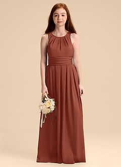 Azazie Bibiane Junior Abito A-Line in Raso Elasticizzato Plissettato Auburn image6