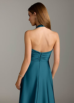 Azazie Tessie Bridesmaid Dresses Ink Blue A-Line Pleated Stretch Satin Dress image7