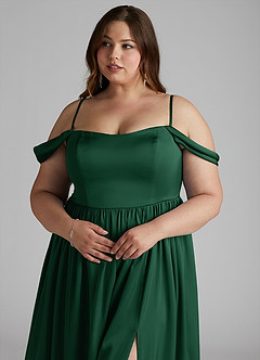 Azazie Morana Jurken voor bruidsmeisjes Converteerbaar Jurk van Stretch Satijn met A-Lijn Off the Shoulder Donkergroen image15