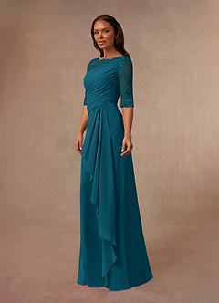 Azazie Dionysus Mother of the Bride Dresses Ink Blue A-Line Boatneck Lace Chiffon Dress image2