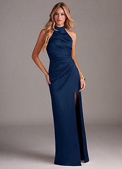 Azazie Jemma Bridesmaid Dresses Dark Navy Sheath Pleated Stretch Satin Dress image3