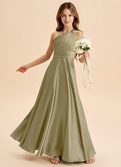 Azazie Charlize Junior Abito A-Line in Raso Elasticizzato Plissettato Verde Muschio image4