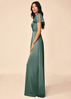 Azazie Soren Bridesmaid Dresses Eucalyptus A-Line Pleated Stretch Satin Dress image3