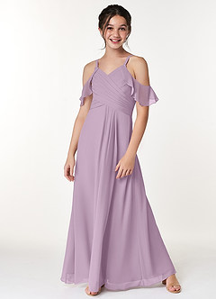 Azazie Dakota Junior Vestido Glicínia de Chiffon de Linha A com Fora do ombro image4