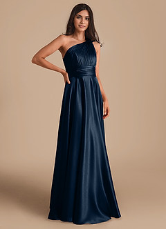 Azazie Charlize Bridesmaid Dresses Dark Navy A-Line One Shoulder Metallic Satin Dress image3