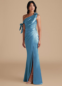 Azazie Xyla Bridesmaid Dresses Steel Blue Sheath Off the Shoulder Metallic Satin Convertible Dress image6